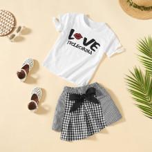 Shein Girls Letter Print With Tie Waist Gingham Skirt