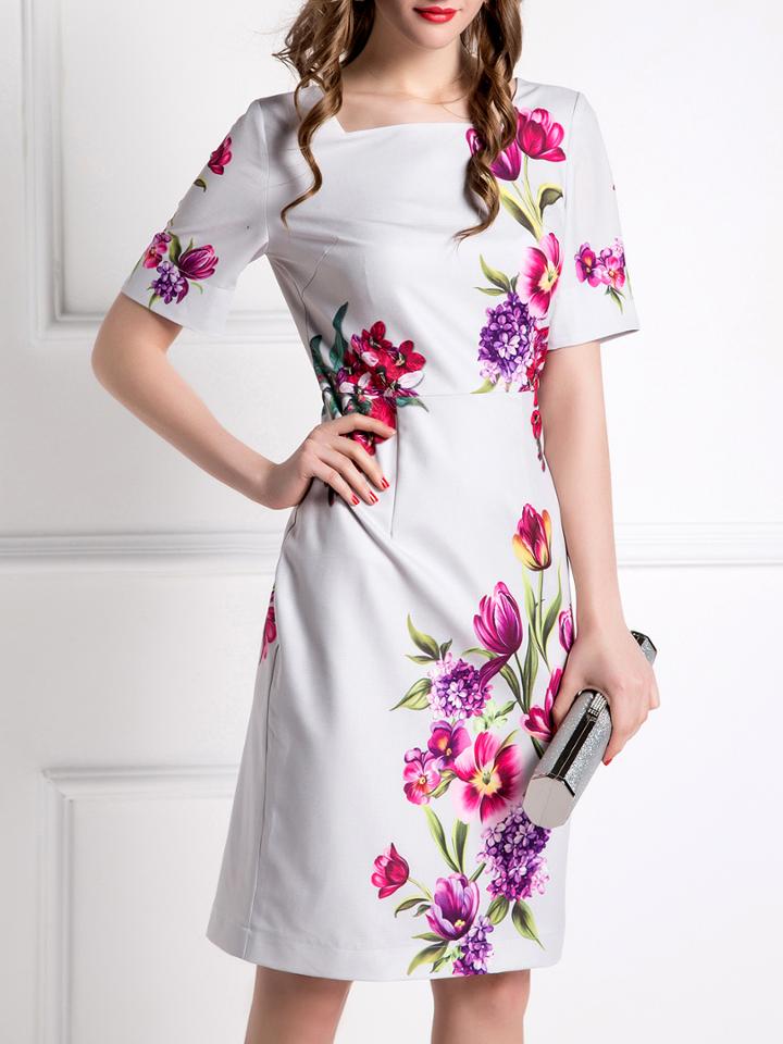 Shein White Boat Neck Flowers Print Dress