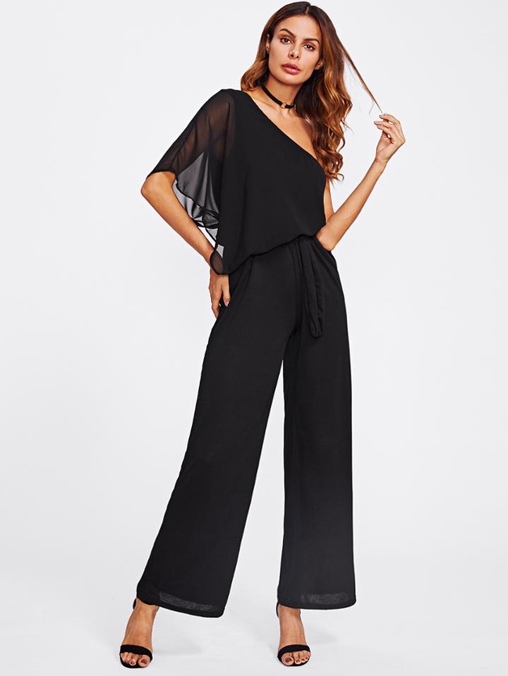 Shein One Shoulder Tie Waist Mesh Jumpsuit