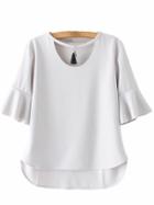 Shein Grey Dip Hem Bell Sleeve Tassel Blouse