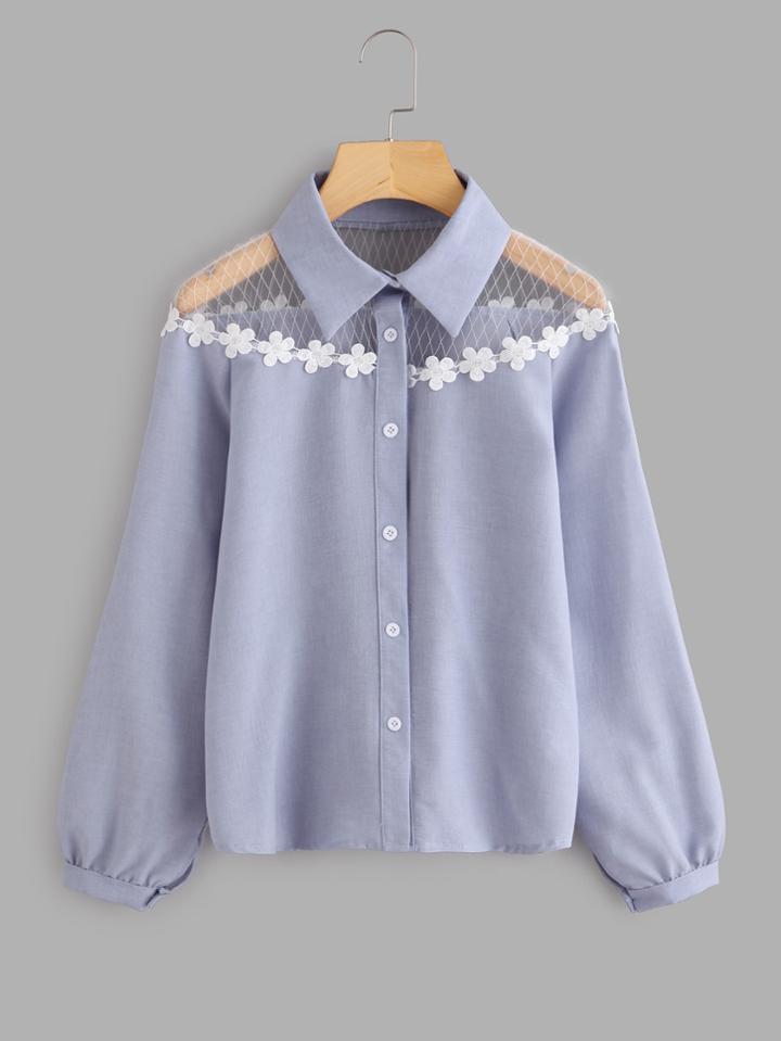 Shein Contrast Mesh Crochet Appliques Shirt