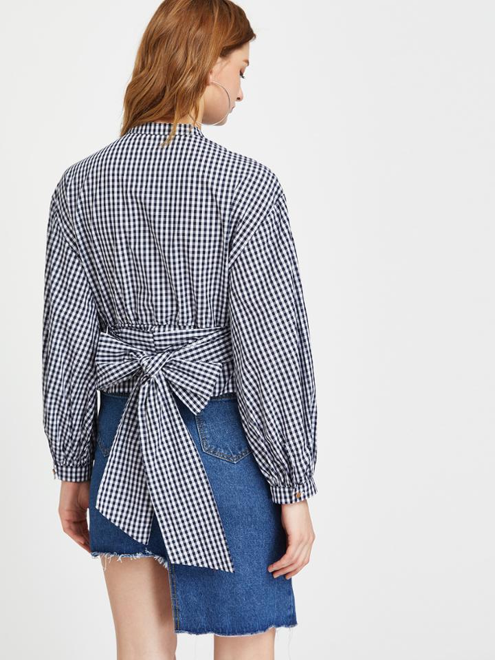 Shein Gingham Hidden Button Bishop Sleeve Belted Blouse