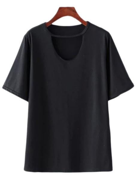 Shein Black Round Neck Cut Out Casual T-shirt