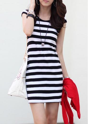 Rosewe Stripe Print Short Sleeve Causal Dress