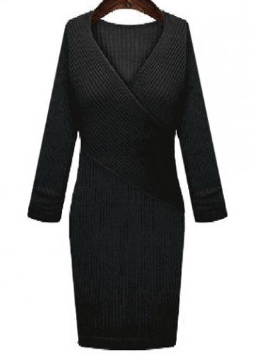 Rosewe Charming Long Sleeve V Neck Autumn Dress Black