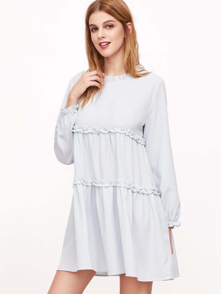 Shein Blue Frilled Detail Lantern Sleeve Tiered Swing Dress