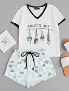 Shein Graphic Ringer Tee And Drawstring Shorts Pajama Set