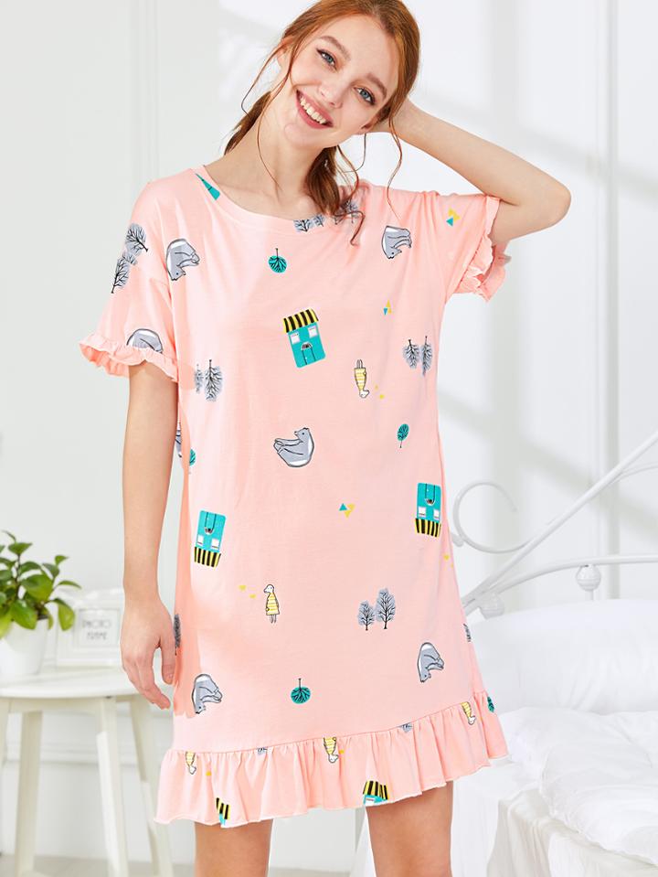 Shein Cartoon Print Ruffle Trim Dress