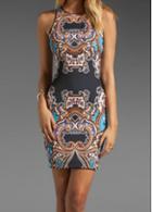Rosewe Racerback Tribal Print Round Neck Mini Dress