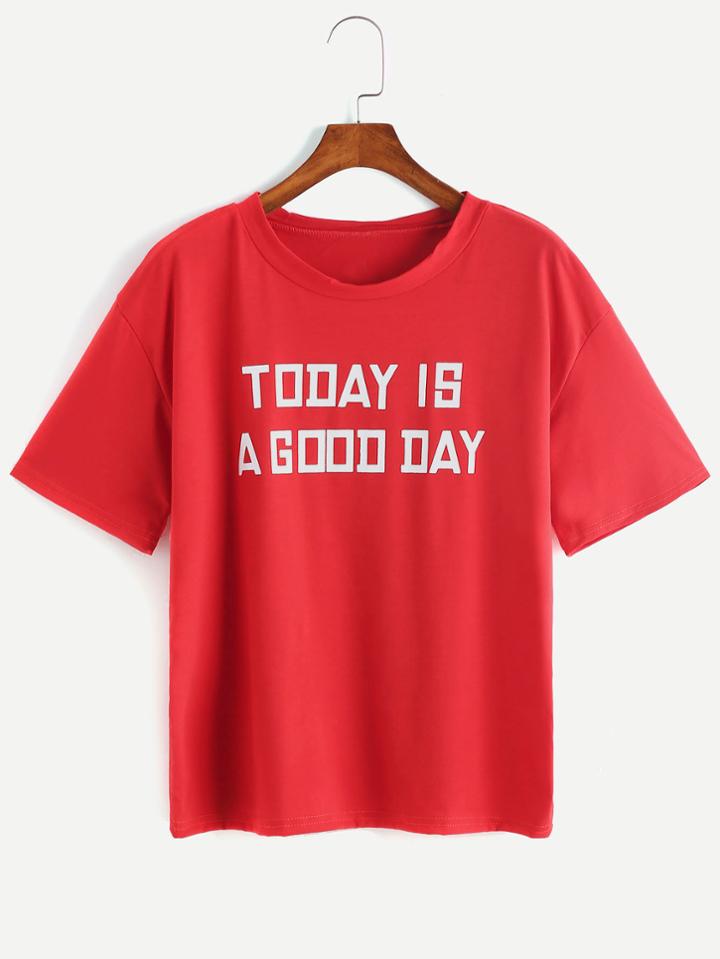 Shein Red Slogan Print Short Sleeve T-shirt