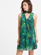 Shein Green Tropical Print Double Cutout Choker Neck Dress