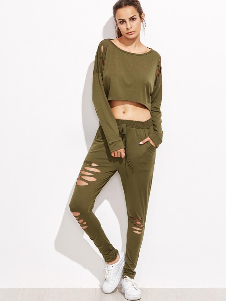 Shein Drop Shoulder Ripped Dip Hem Top With Drawstring Pants