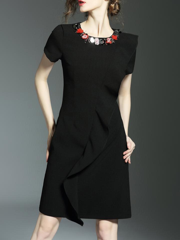Shein Black Beading Ruffle Pockets Sheath Dress