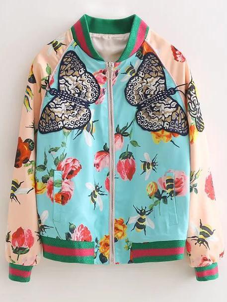 Shein Multicolor Zipper Front Floral Embroidery Jacket