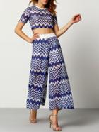 Shein Blue White Wave Pattern Crop Top With Wide Leg Pant