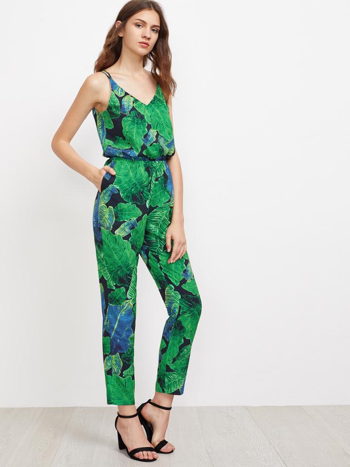 Shein Jungle Leaf Print Double Strap Crisscross Jumpsuit