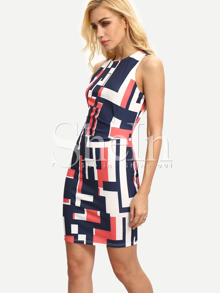 Shein Multicolor Sleeveless Geometric Print Bodycon Dress