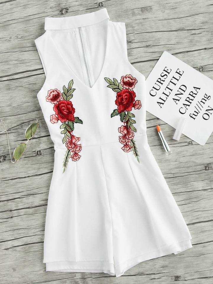 Shein V Cut Rose Embroidered Applique Zip Back Romper