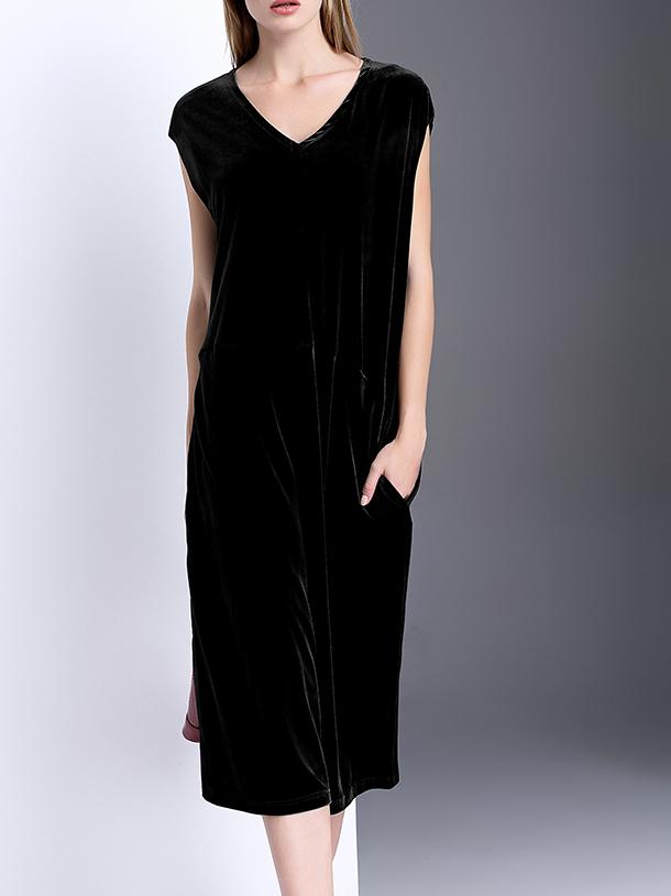 Shein Black V Neck Velvet Pockets Jumpsuits