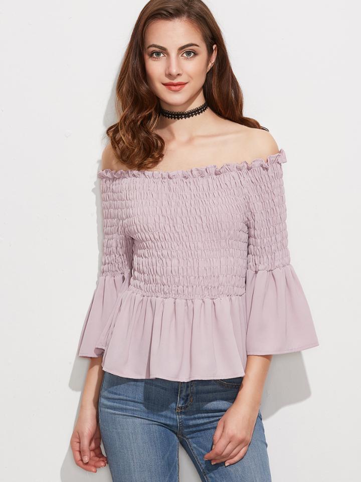 Shein Purple Off The Shoulder Smocked Ruffle Top