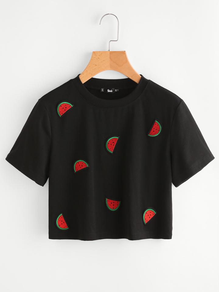 Shein Embroidered Watermelon Patch Crop Tee