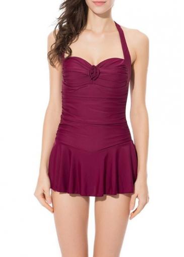Rosewe Ruched Design Halter Neck Wine Red Swimdress