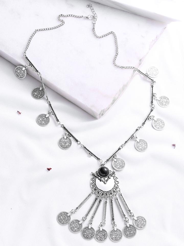 Shein Silver Gem Inlay Long Coin Fringe Necklace