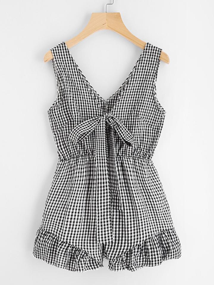 Shein Double V Bow Tie Detail Frill Hem Gingham Romper