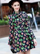Shein Multicolor Lapel Long Sleeve Tie Jacquard Dress