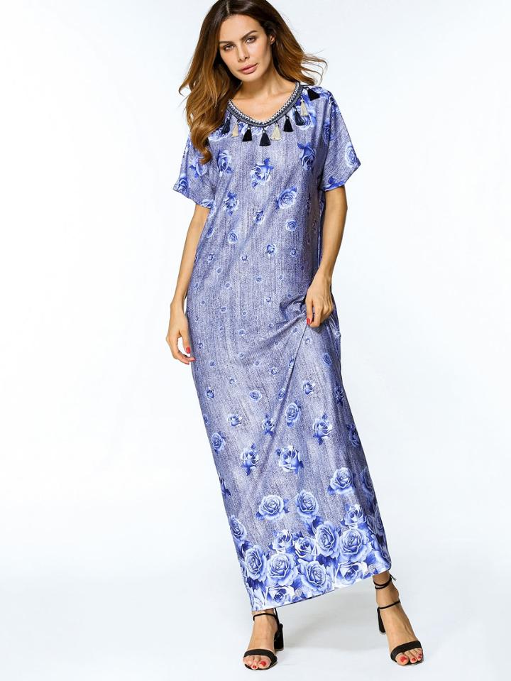 Shein Rose Print Tassel Trim Full Length Dress