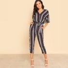 Shein Self Belted Striped Wrap Jumpsuit