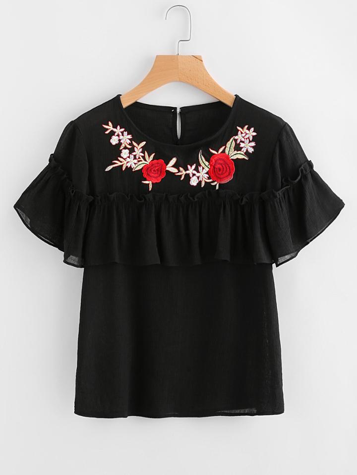Shein Flounce Layered Embroidery Blouse