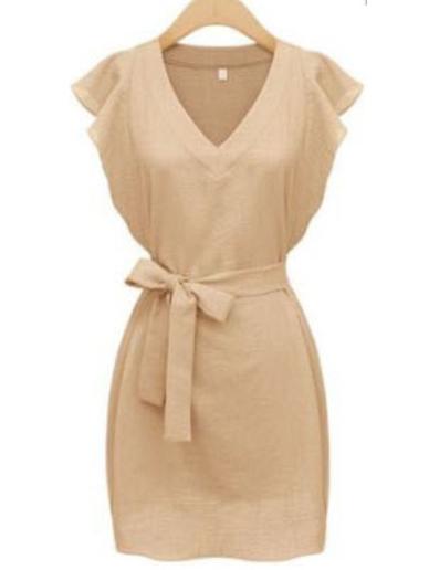 Shein Apricot V Neck Ruffle Sleeve Self-tie Dress