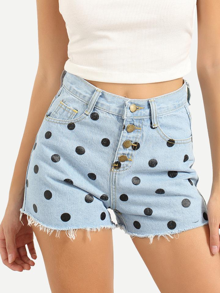 Shein Buttoned Fly Polka Dot Print Light Blue Denim Shorts
