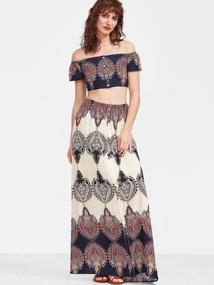 Shein Bardot Neckline Vintage Print Crop Top With Maxi Skirt