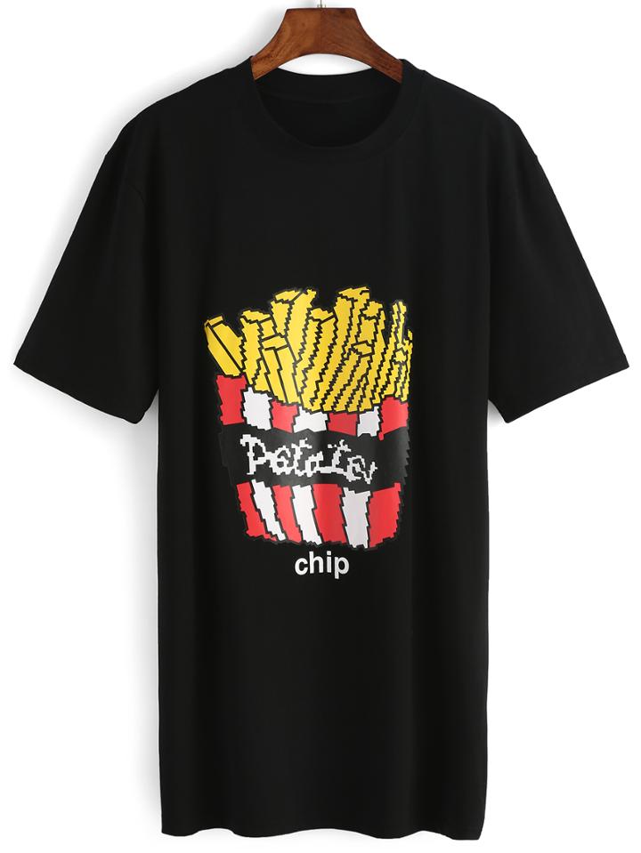 Shein Black Crew Neck French Fries Print T-shirt