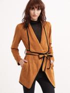 Shein Camel Contrast Binding Drape Collar Suede Wrap Coat