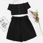 Shein Button Decoration Ribbed Top With Shorts