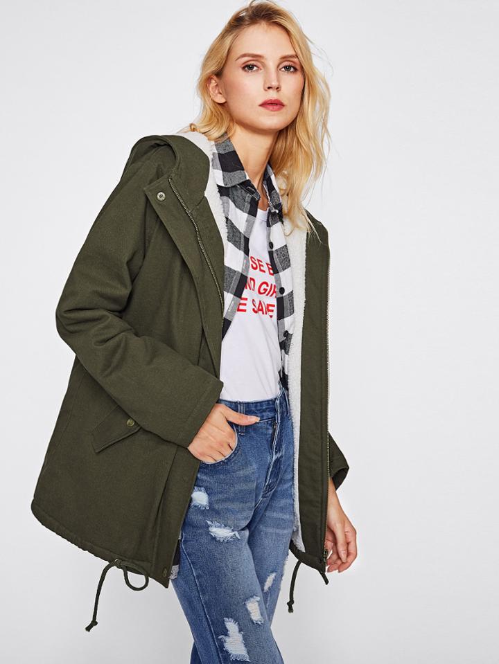 Shein Fleece Lining Drawstring Hem Coat