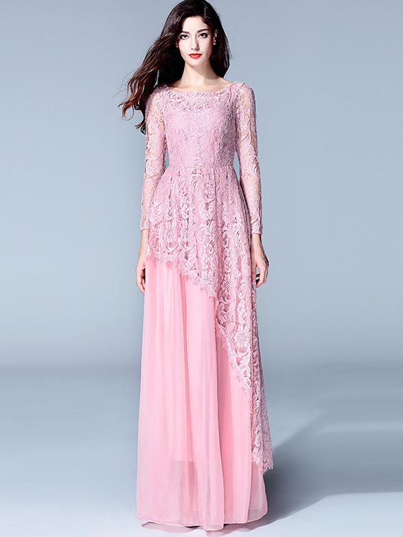 Shein Pink Round Neck Long Sleeve Lace Dress