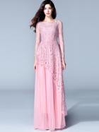 Shein Pink Round Neck Long Sleeve Lace Dress