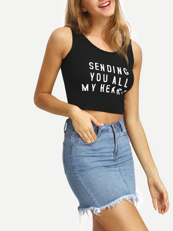 Shein Slogan Print Black Crop Tank Top