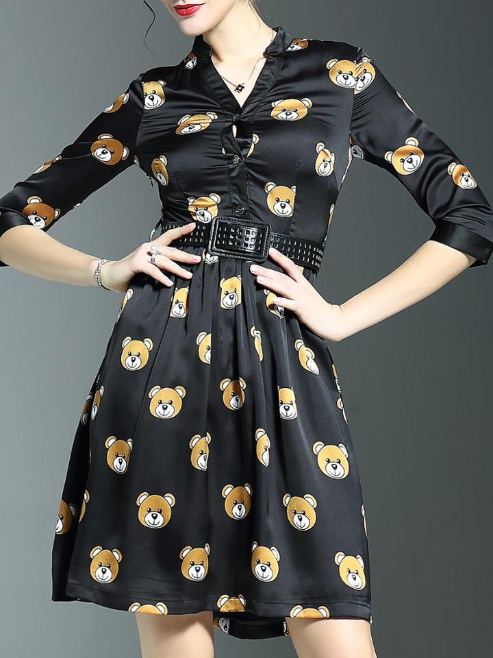 Shein Black V Neck Belted Bears Print Dress