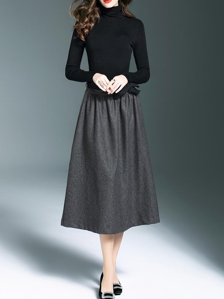 Shein Black Knit Tie-waist Top With Skirt