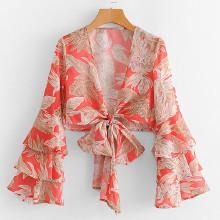 Shein Layered Sleeve Jungle Print Knotted Top