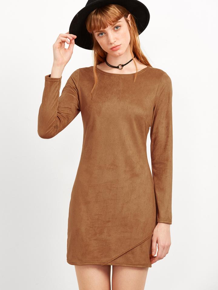 Shein Khaki Suede Zipper Back Bodycon Dress