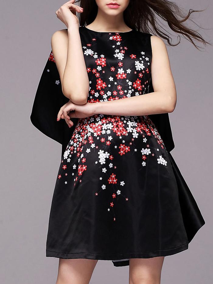 Shein Black Round Neck Floral Print Cape Dress