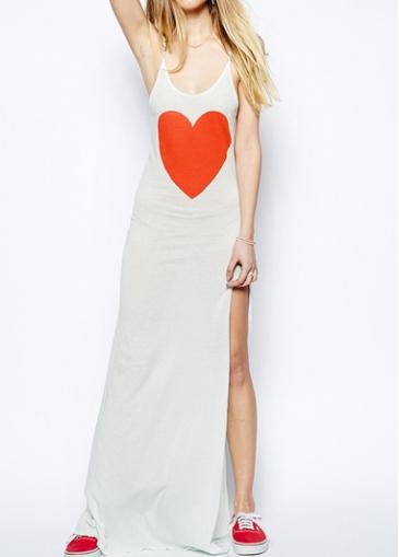 Rosewe White High Slit Heart Print Maxi Dress