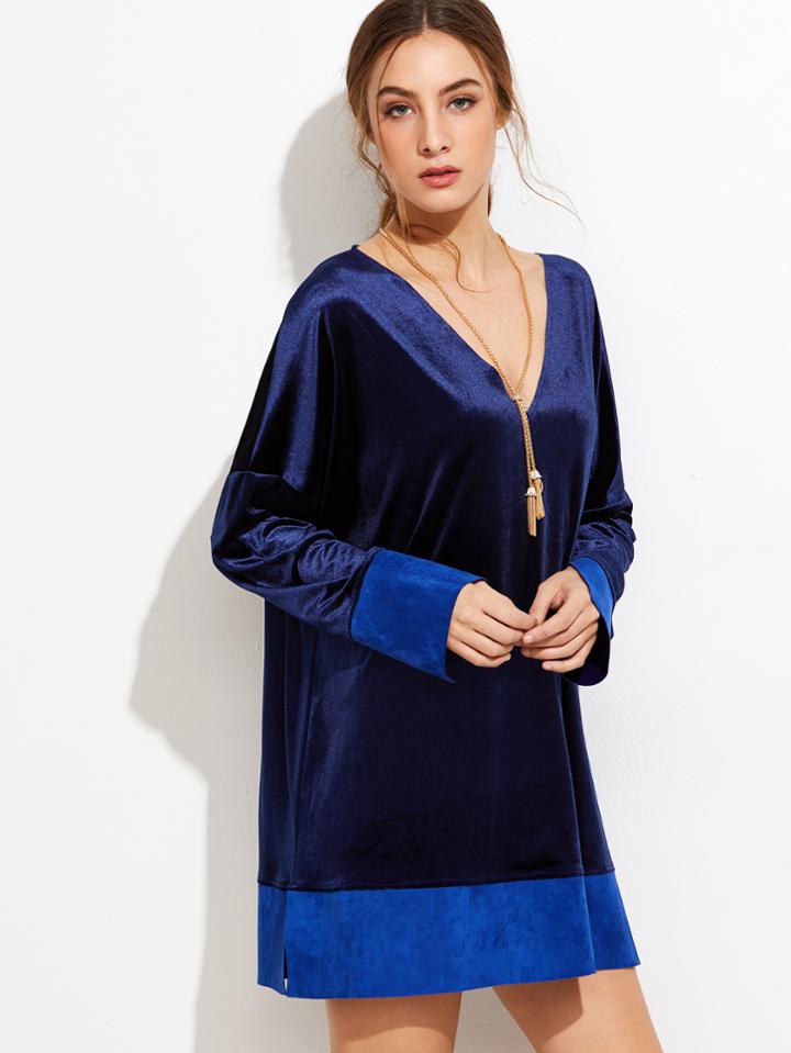 Shein Deep V Neck Contrast Hem Split Velvet Dress