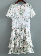 Shein White Printed Broomstick Ruffle Chiffon Dress